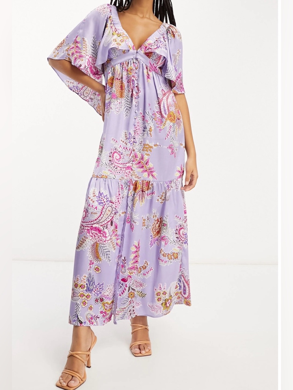 ASOS DESIGN Purple Floral Print Flutter Sleeve Satin Maxi Dress
Size 0 US / 4 UK
